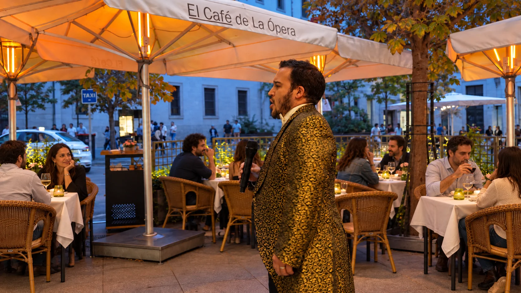 Cantante en la terraza de El Café de la Ópera, frente al Teatro Real